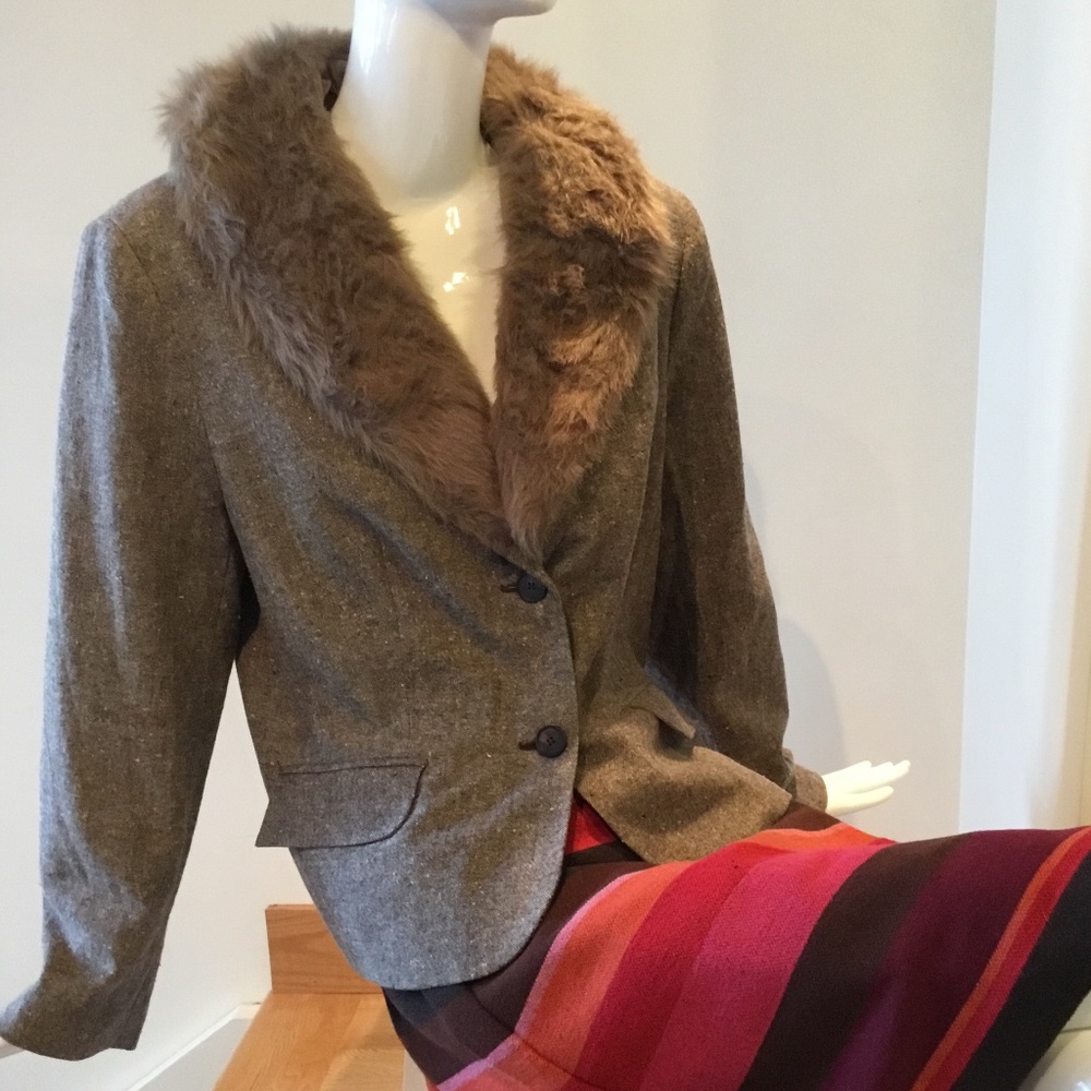 Norton McNaughton Faux fur collard blazer jacket coat size 14 ( L XL ) brown tan